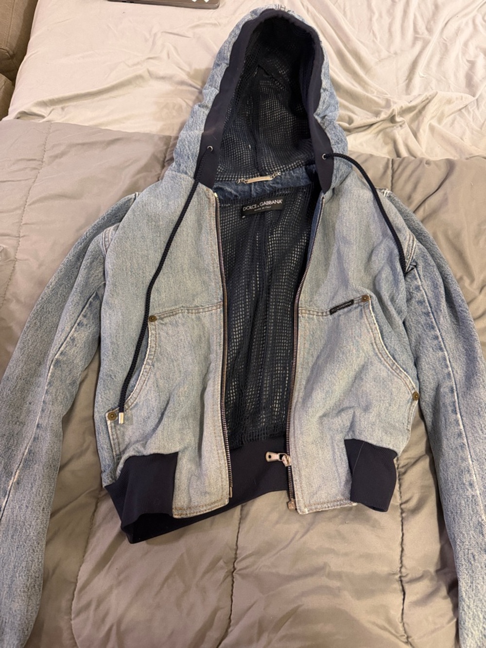 Dolce & Gabbana Light Blue Denim Hooded Bomber Jacket with Navy Accents